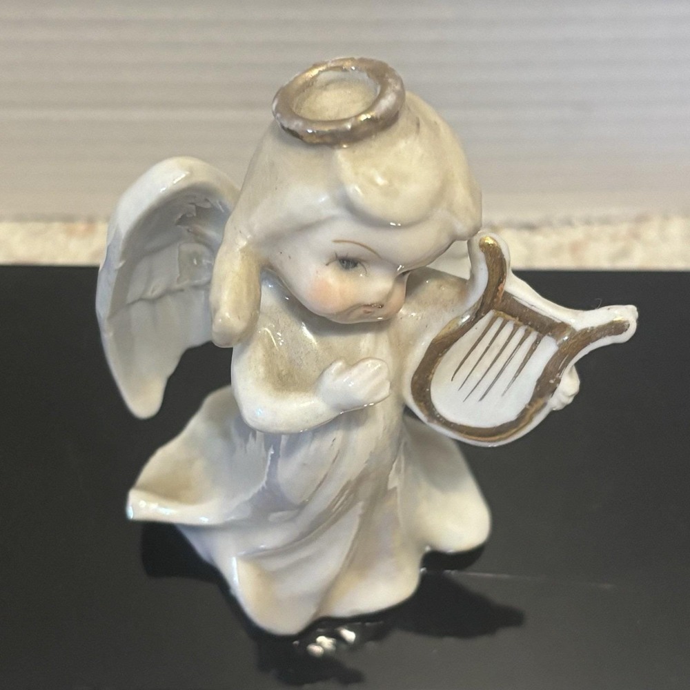 Vintage White and Gold Ceramic Angel Playing Harp Cherub MCM  3.75"